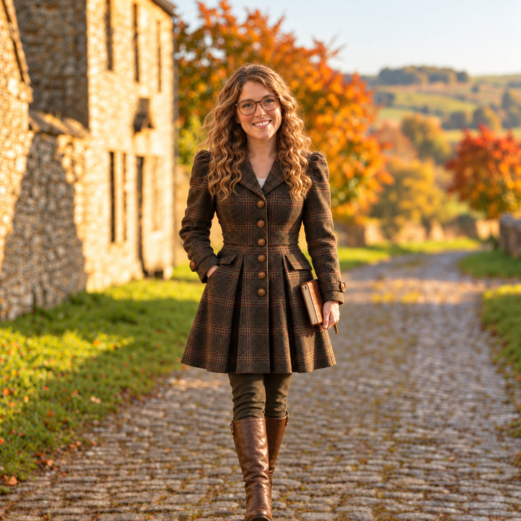 A woman stands on a cobblestone path wearing a brown plaid knee-length coat with front buttons, set against a rustic stone building and autumn trees.